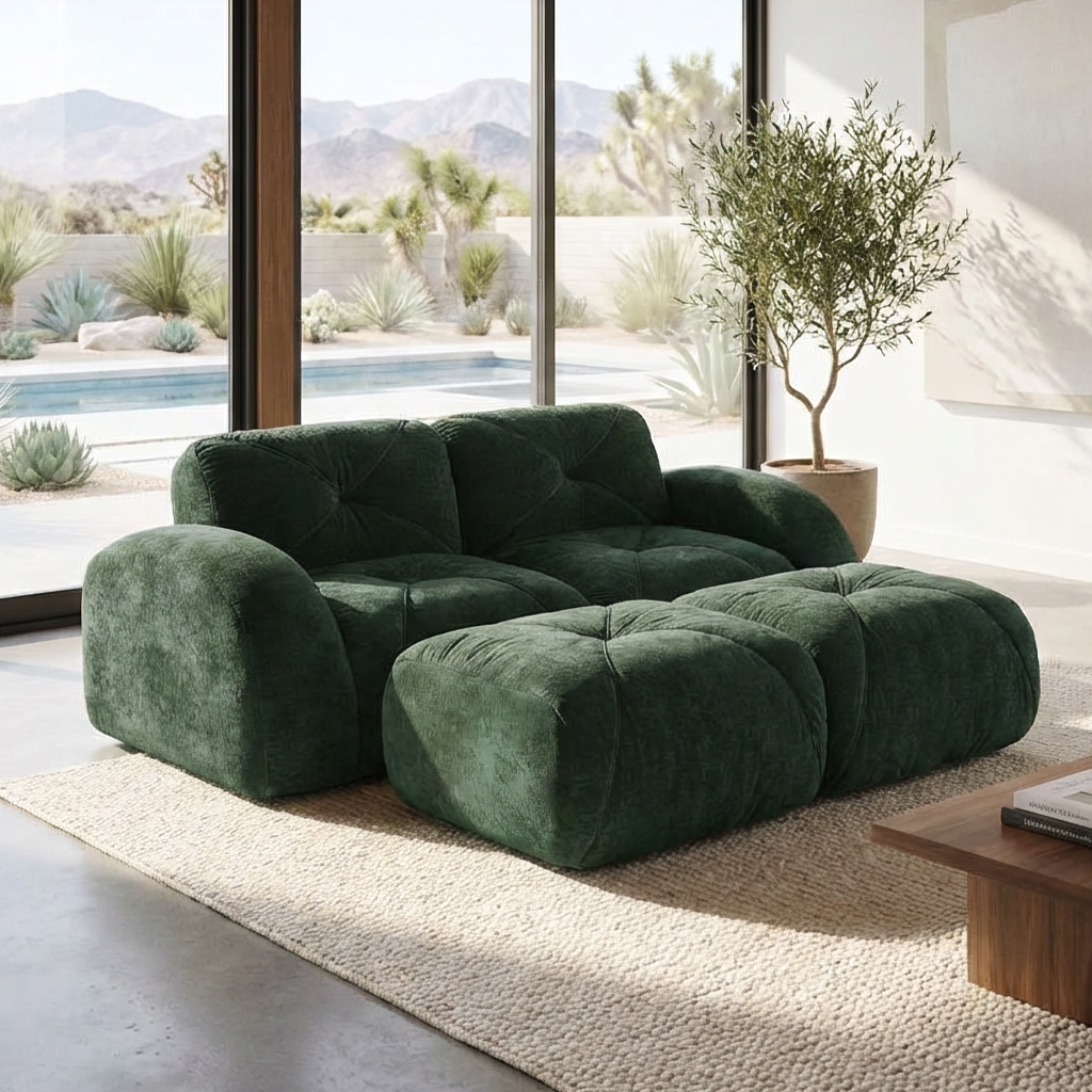Aven 80" Modular Velvet Cloud Loveseat Sofa with 2 Ottomans and Curved Armrests