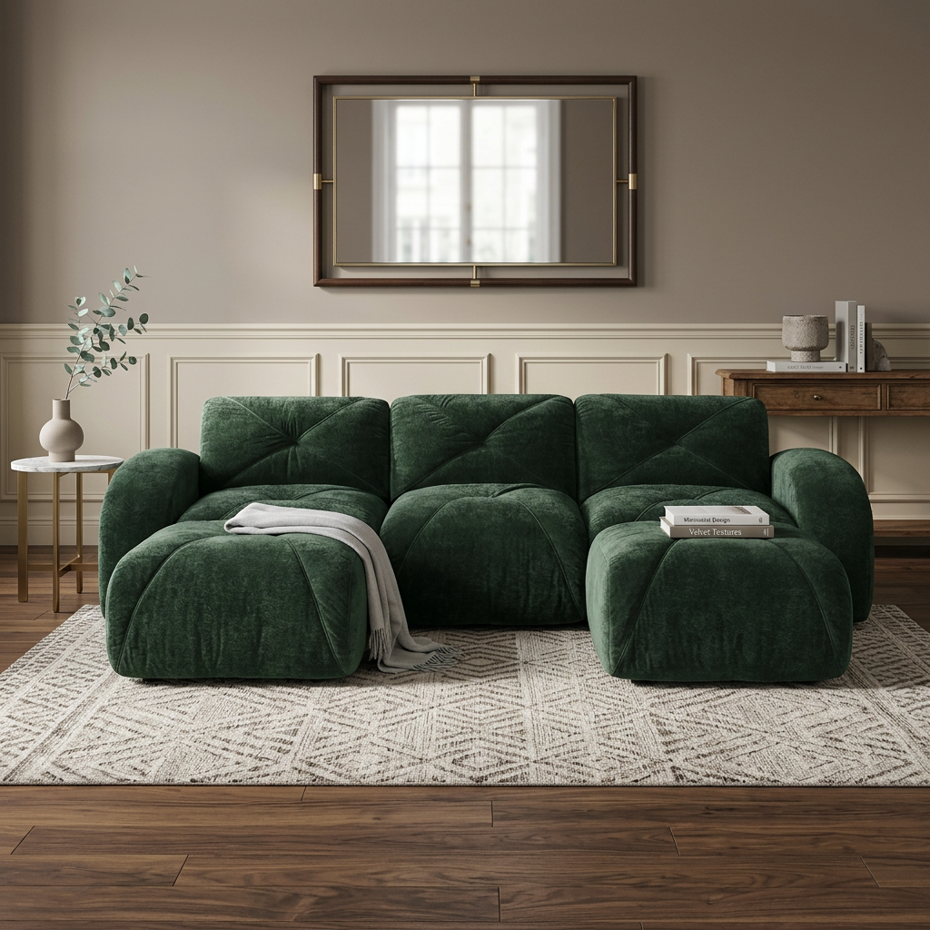 Aven 111" Modular Velvet Cloud U-Shaped Sectional Sofa with Ottomans and Curved Armrests
