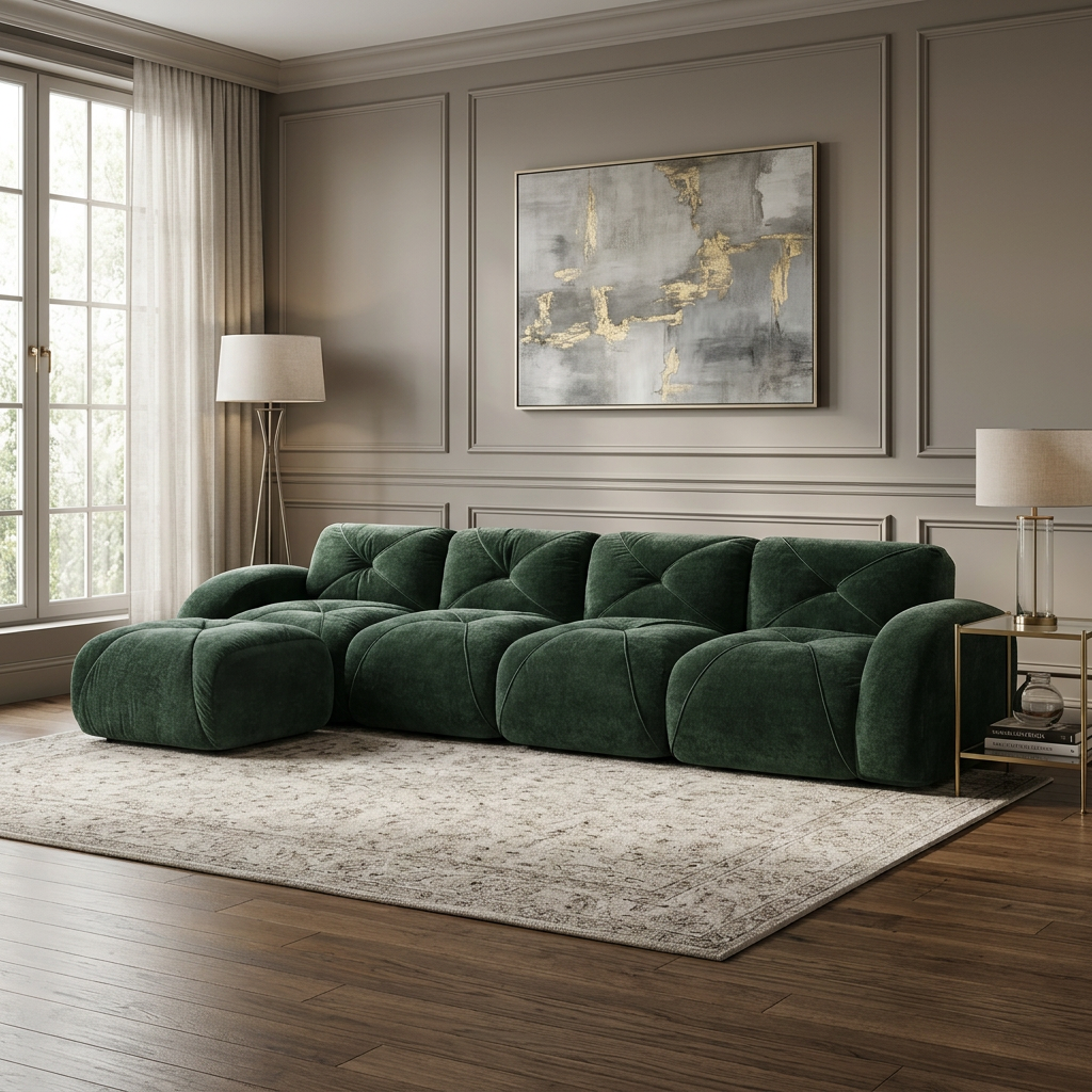 Aven 141" Modular Velvet Cloud L-Shaped Sectional Sofa with Ottoman and Curved Armrests