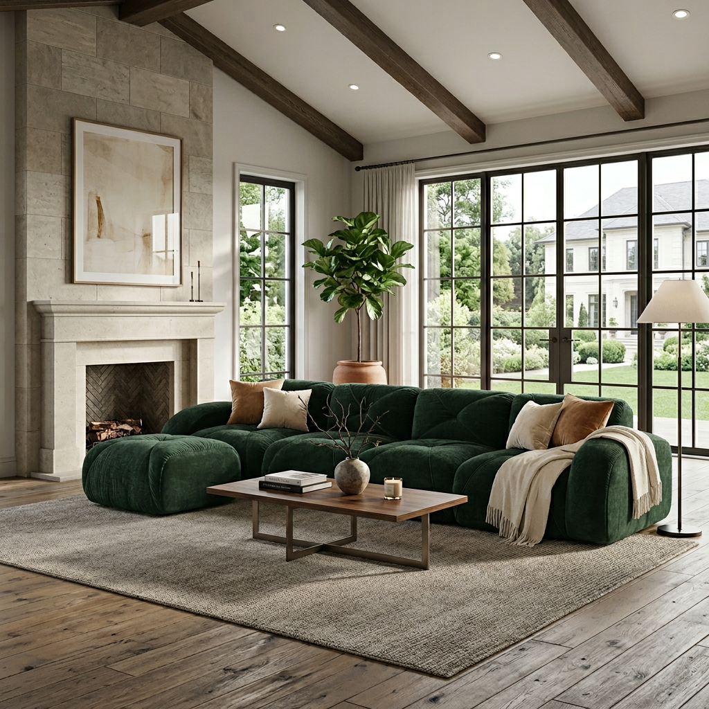 Aven 141" Modular Velvet Cloud L-Shaped Sectional Sofa with Ottoman and Curved Armrests