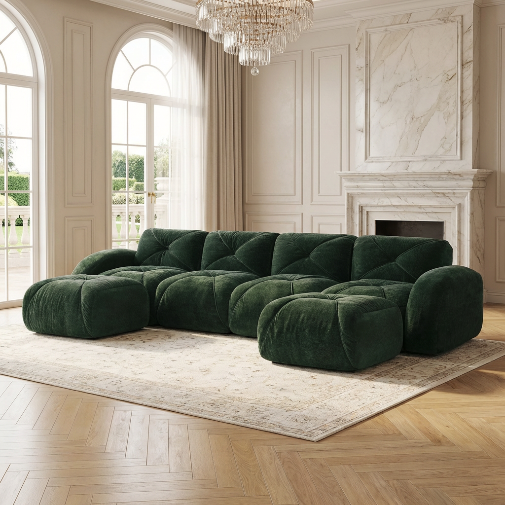 Aven 141" Modular Velvet Cloud U-Shaped Sectional Sofa with Ottomans and Curved Armrests
