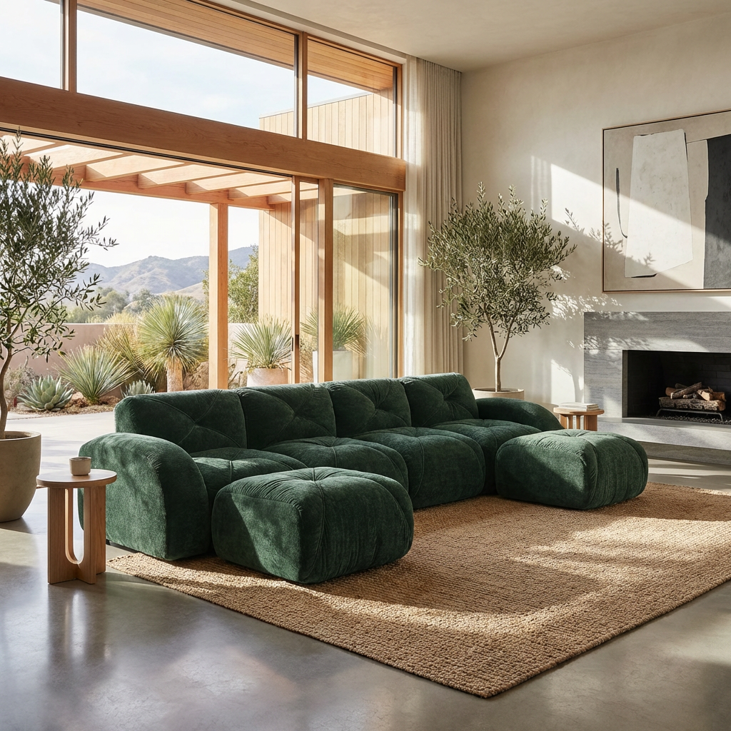 Aven 141" Modular Velvet Cloud U-Shaped Sectional Sofa with Ottomans and Curved Armrests