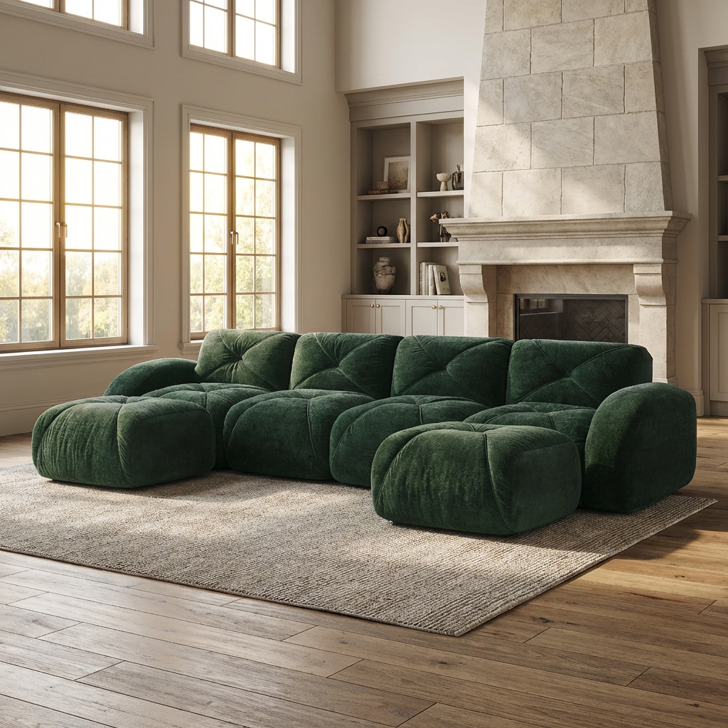 Aven 141" Modular Velvet Cloud U-Shaped Sectional Sofa with Ottomans and Curved Armrests