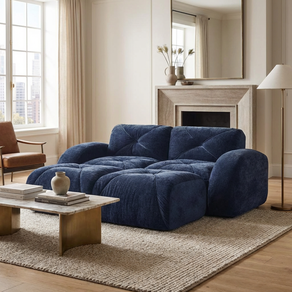 Aven 80" Modular Velvet Cloud Loveseat Sofa with 2 Ottomans and Curved Armrests