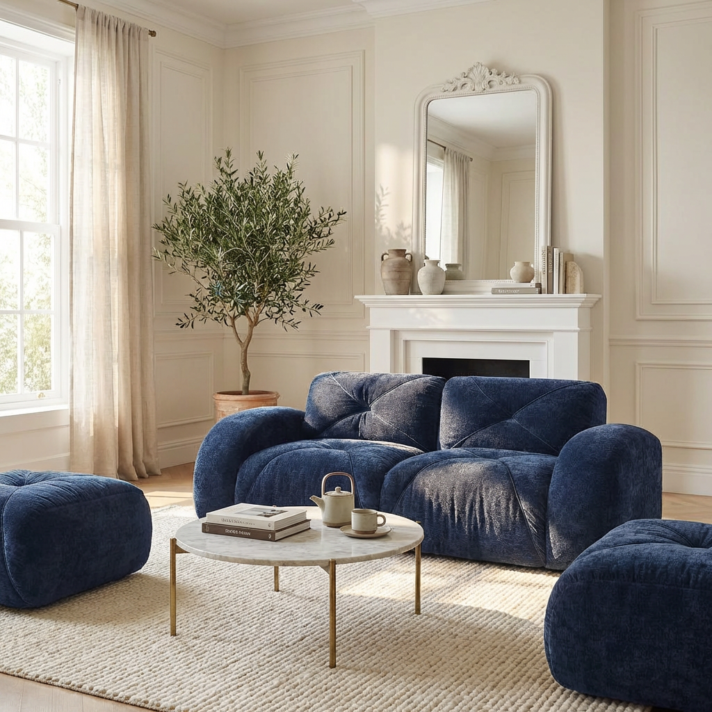 Aven 80" Modular Velvet Cloud Loveseat Sofa with 2 Ottomans and Curved Armrests