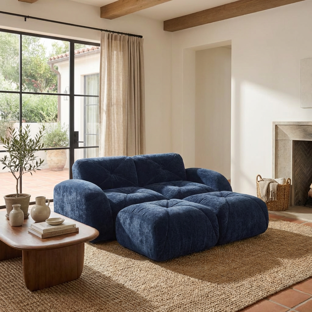 Aven 80" Modular Velvet Cloud Loveseat Sofa with 2 Ottomans and Curved Armrests
