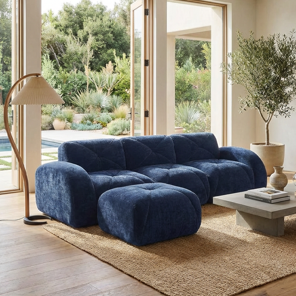 Aven 111" Modular Velvet Cloud L-Shaped Sectional Sofa with Movable Ottoman