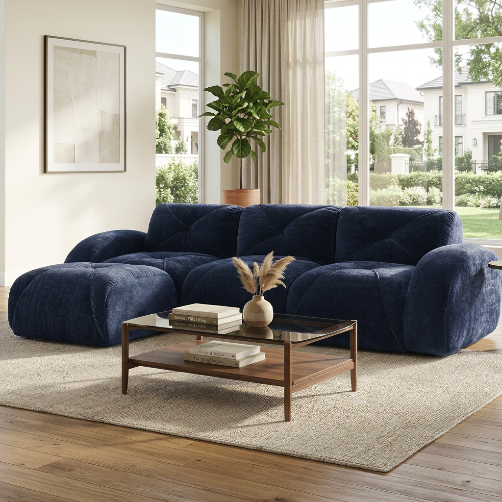 Aven 111" Modular Velvet Cloud L-Shaped Sectional Sofa with Movable Ottoman