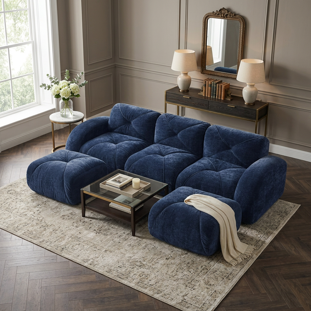 Aven 111" Modular Velvet Cloud U-Shaped Sectional Sofa with Ottomans and Curved Armrests