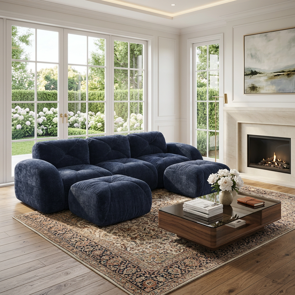 Aven 111" Modular Velvet Cloud U-Shaped Sectional Sofa with Ottomans and Curved Armrests