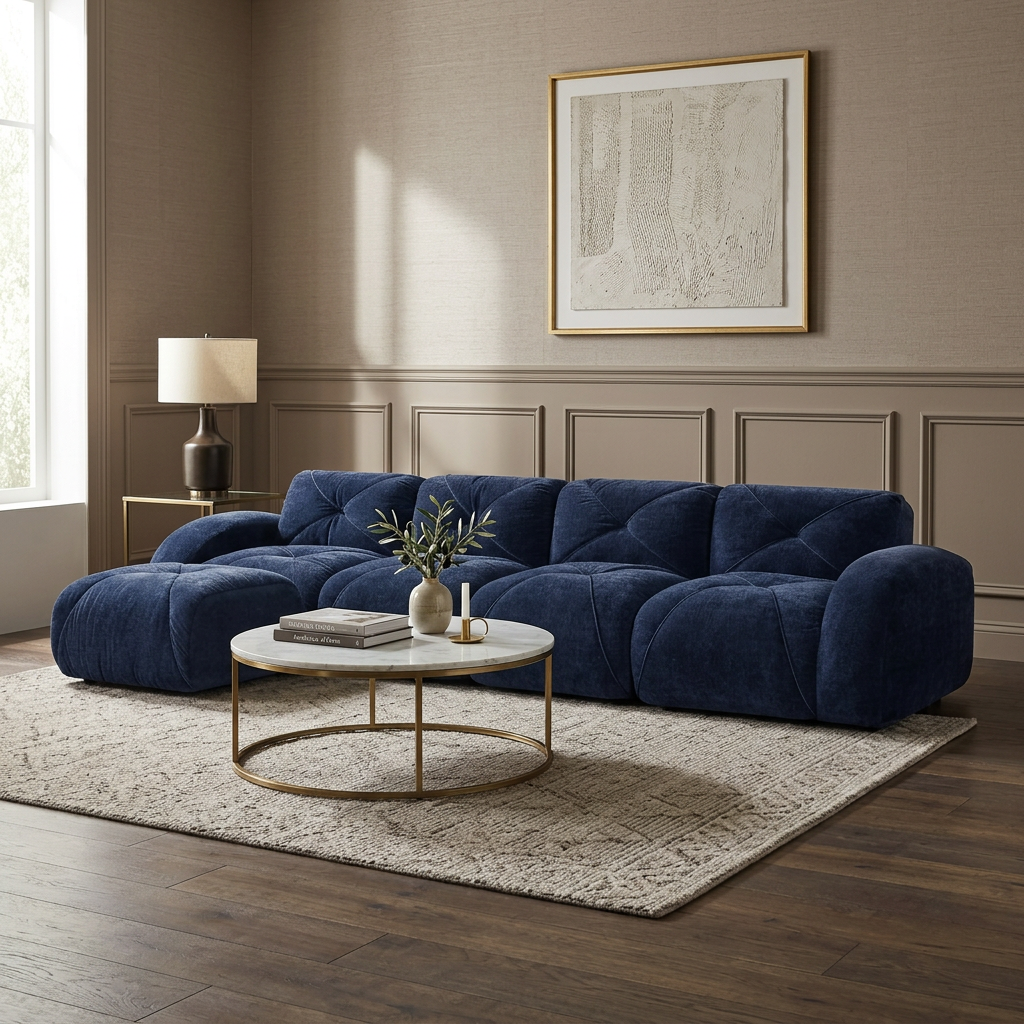 Aven 141" Modular Velvet Cloud L-Shaped Sectional Sofa with Ottoman and Curved Armrests