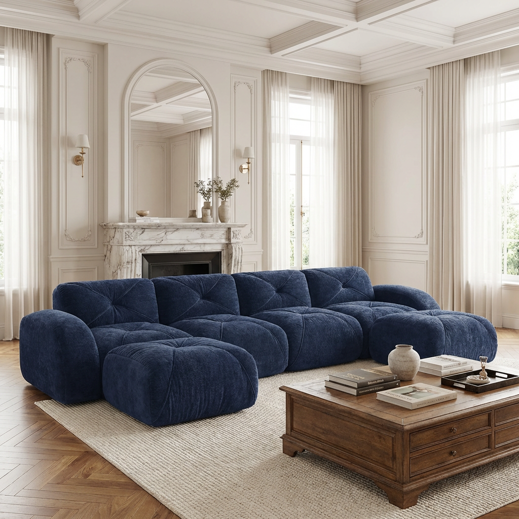 Aven 141" Modular Velvet Cloud U-Shaped Sectional Sofa with Ottomans and Curved Armrests