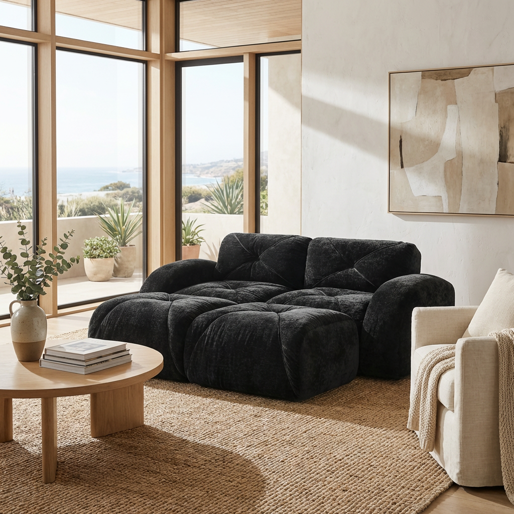 Aven 80" Modular Velvet Cloud Loveseat Sofa with 2 Ottomans and Curved Armrests