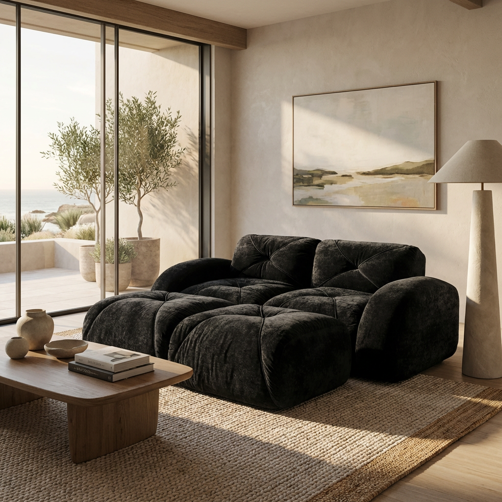 Aven 80" Modular Velvet Cloud Loveseat Sofa with 2 Ottomans and Curved Armrests