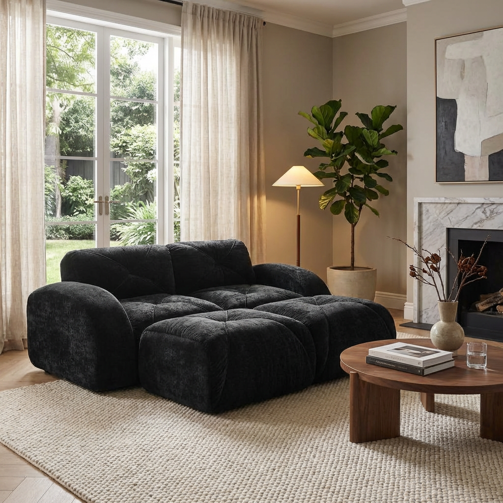 Aven 80" Modular Velvet Cloud Loveseat Sofa with 2 Ottomans and Curved Armrests