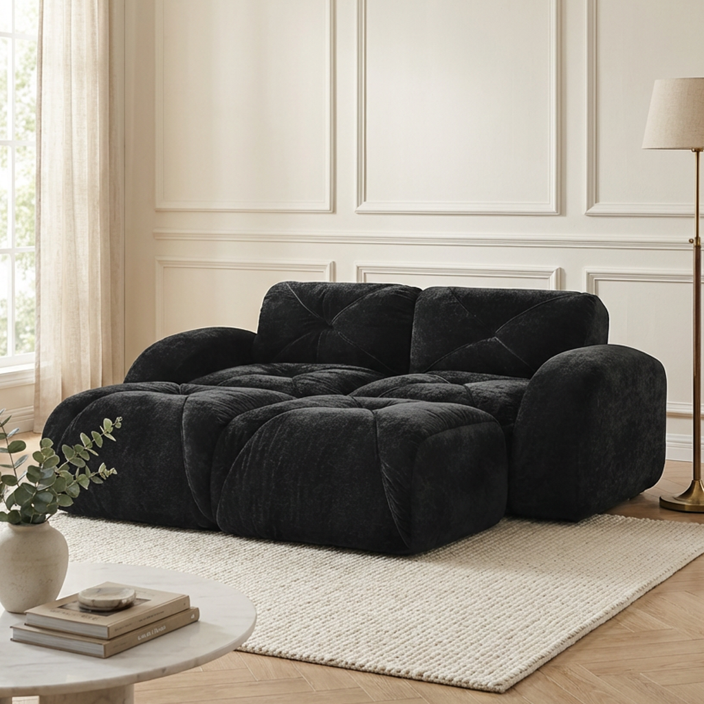Aven 80" Modular Velvet Cloud Loveseat Sofa with 2 Ottomans and Curved Armrests