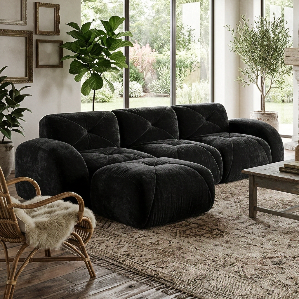 Aven 111" Modular Velvet Cloud L-Shaped Sectional Sofa with Movable Ottoman