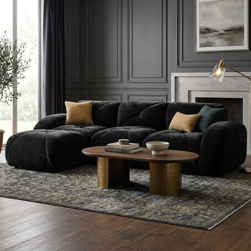 Aven 111" Modular Velvet Cloud L-Shaped Sectional Sofa with Movable Ottoman