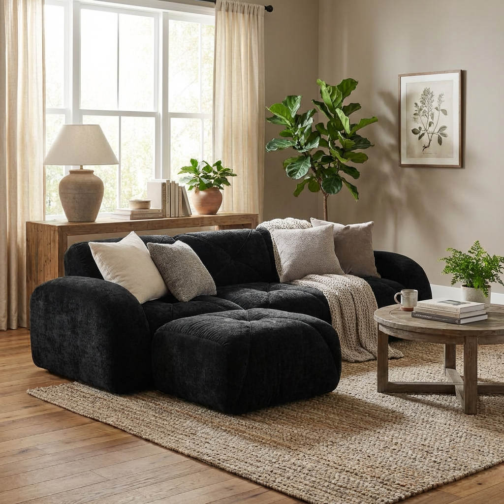 Aven 111" Modular Velvet Cloud L-Shaped Sectional Sofa with Movable Ottoman