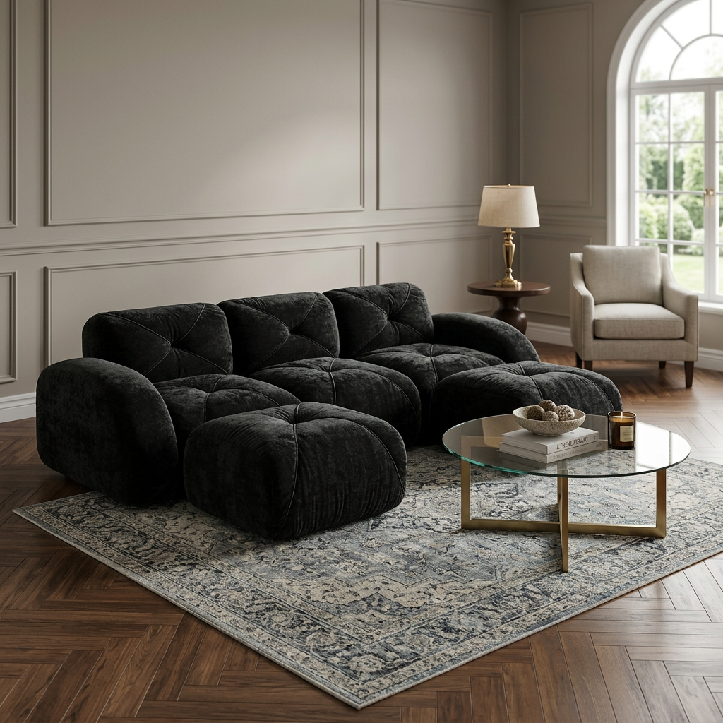 Aven 111" Modular Velvet Cloud U-Shaped Sectional Sofa with Ottomans and Curved Armrests