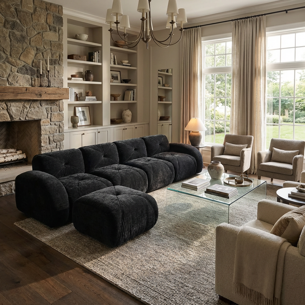 Aven 141" Modular Velvet Cloud L-Shaped Sectional Sofa with Ottoman and Curved Armrests