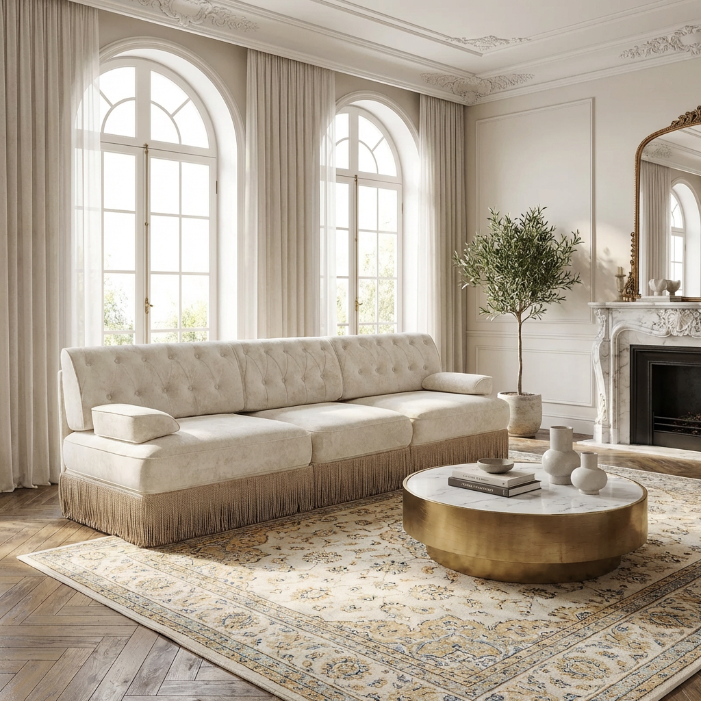 Austin Modern Velvet 3-Seater Sofa with Fringe Skirt Base