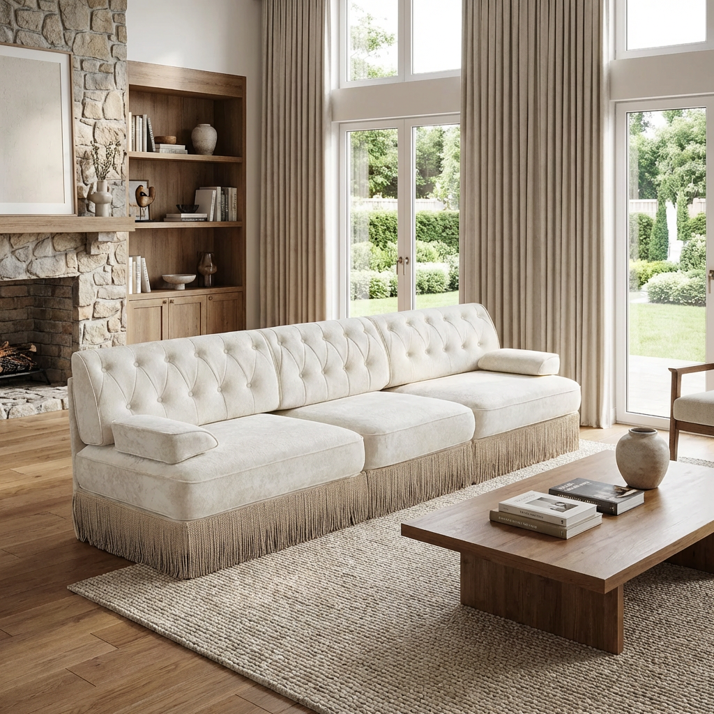 Austin Modern Velvet 3-Seater Sofa with Fringe Skirt Base