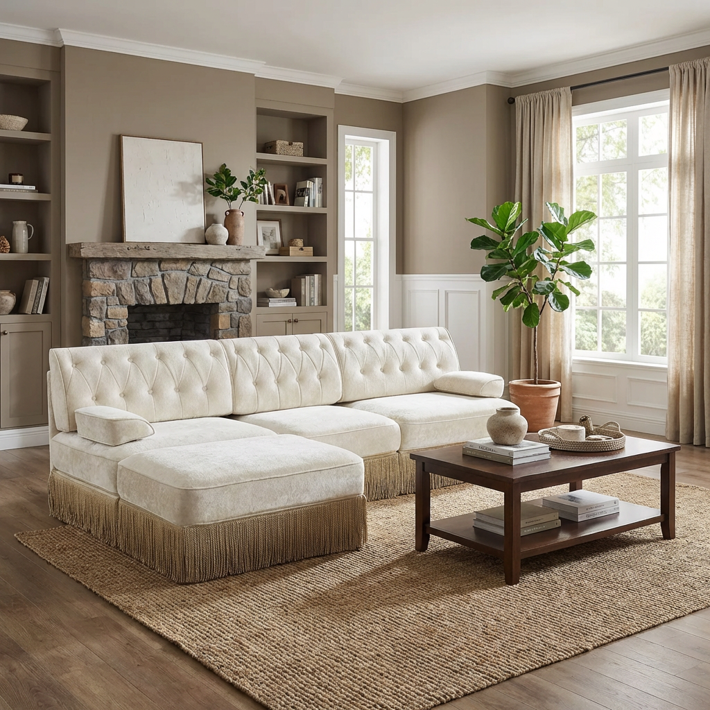 Austin 106" Tufted Modular Velvet 3-Seater Sectional Sofa with Ottoman