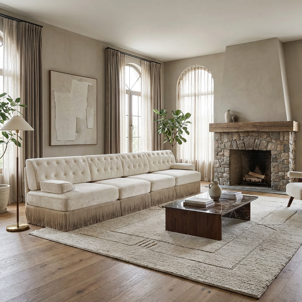 Austin 136" Tufted Velvet 4-Seater Modular Sofa with Fringe Skirt Base