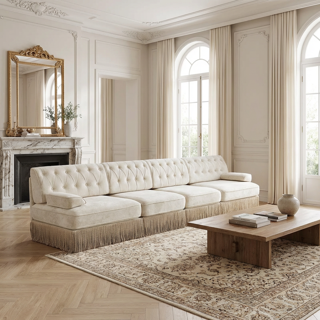 Austin 136" Tufted Velvet 4-Seater Modular Sofa with Fringe Skirt Base