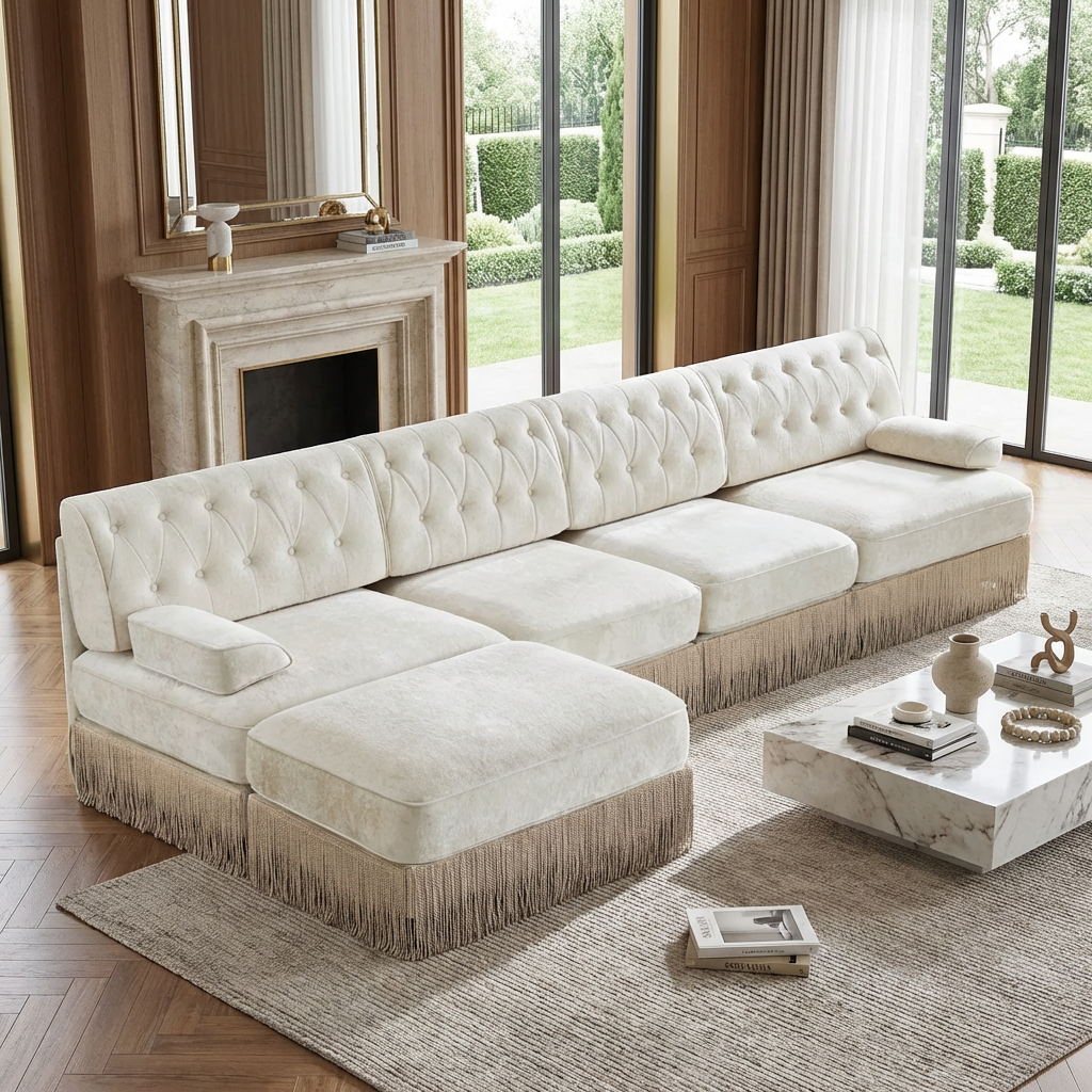 Austin 136" Tufted Velvet 4-Seater Modular Sectional Sofa with Ottoman