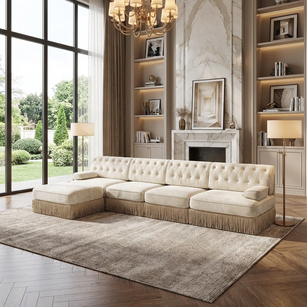Austin 136" Tufted Velvet 4-Seater Modular Sectional Sofa with Ottoman