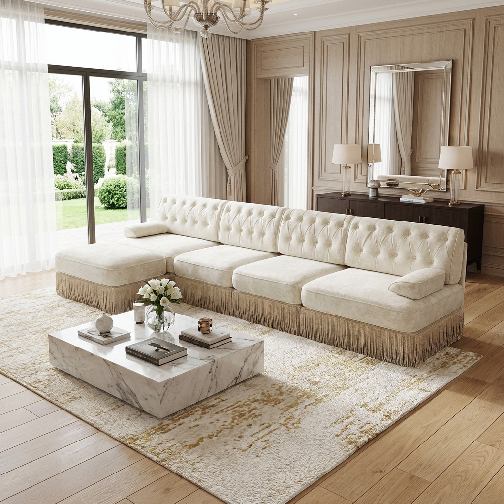 Austin 136" Tufted Velvet 4-Seater Modular Sectional Sofa with Ottoman