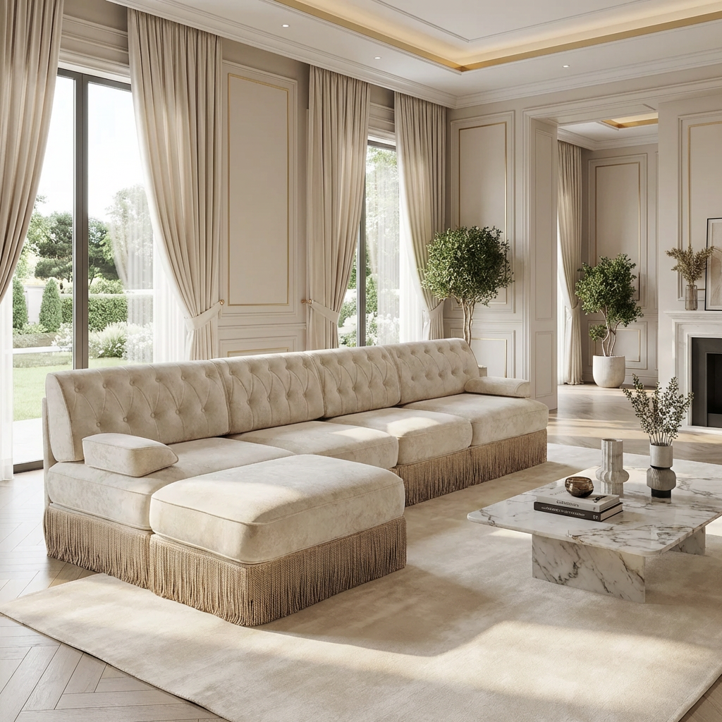 Austin 136" Tufted Velvet 4-Seater Modular Sectional Sofa with Ottoman