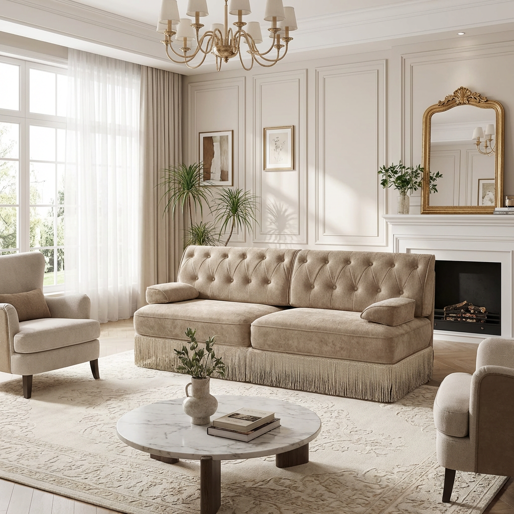 Austin 77" Tufted Velvet 2-Seater Loveseat Sofa with Fringe Skirt Base