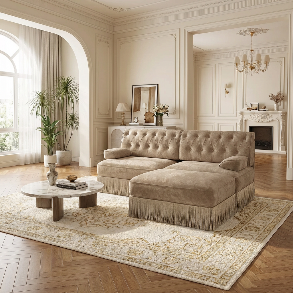 Austin 77" Tufted Velvet Modular L-Shaped Sectional Sofa with Ottoman