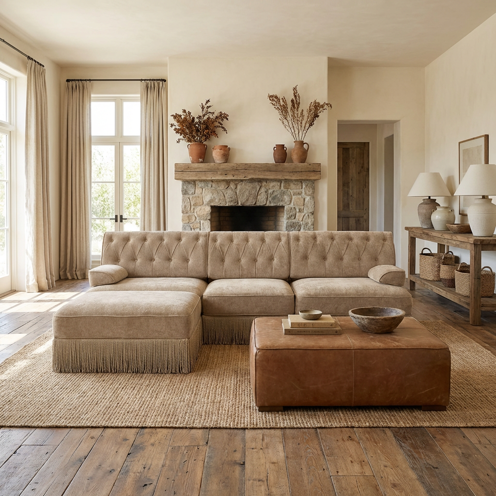 Austin 106" Tufted Modular Velvet 3-Seater Sectional Sofa with Ottoman