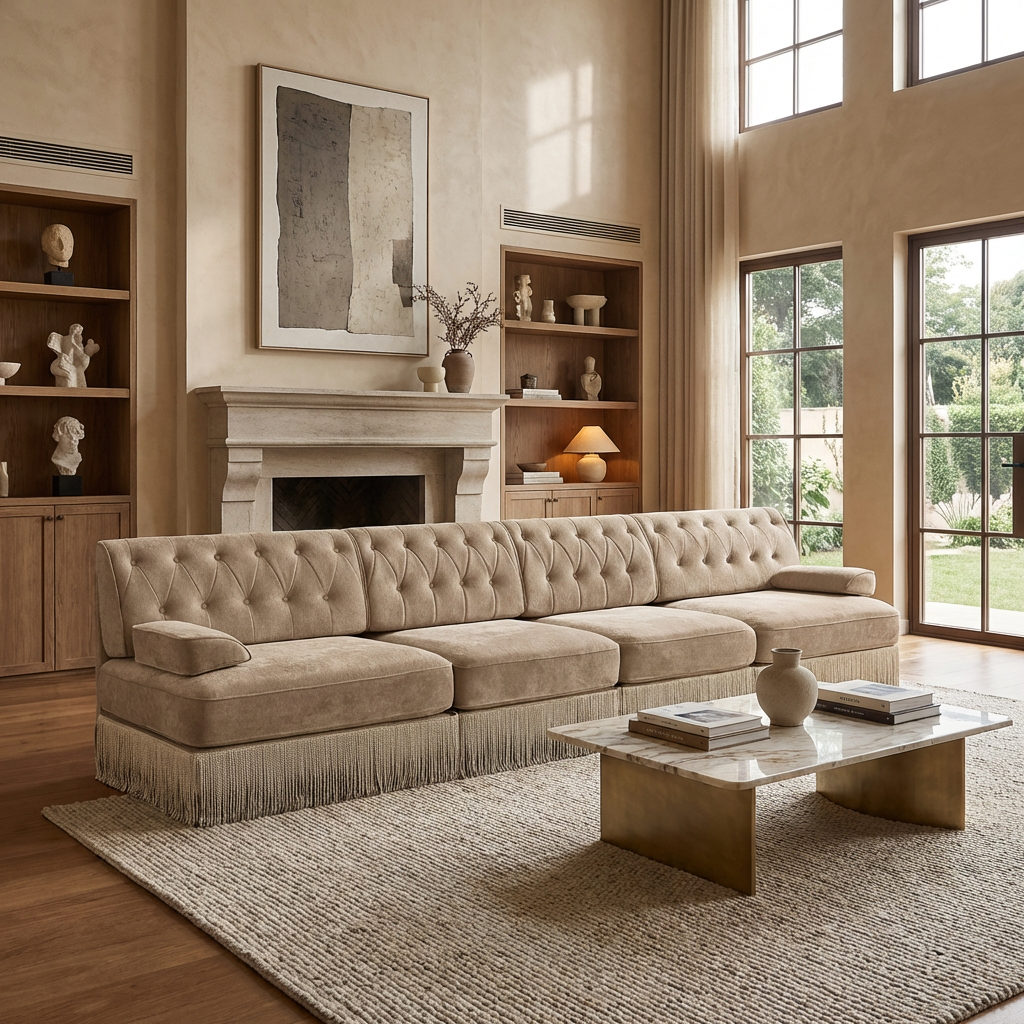 Austin 136" Tufted Velvet 4-Seater Modular Sofa with Fringe Skirt Base