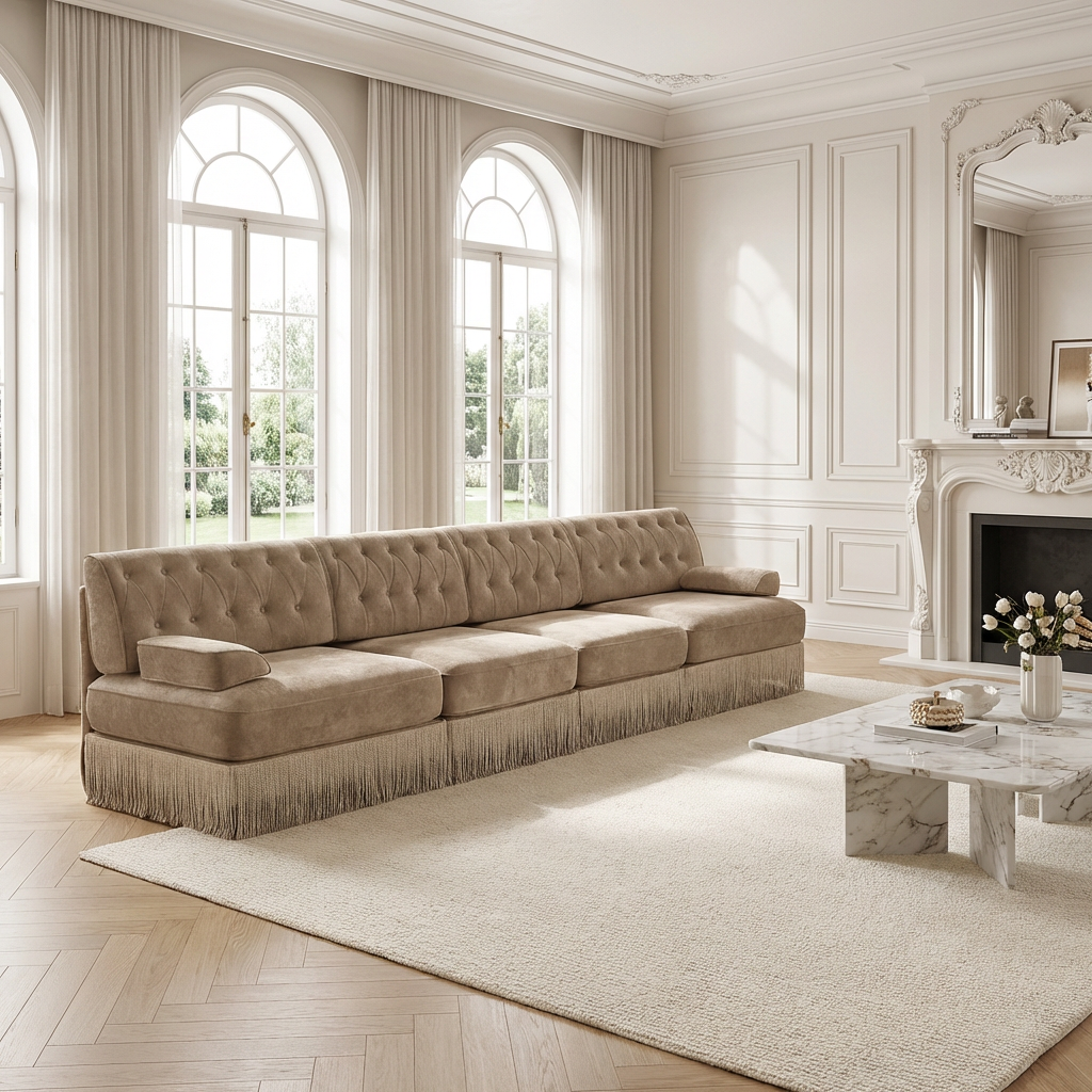 Austin 136" Tufted Velvet 4-Seater Modular Sofa with Fringe Skirt Base