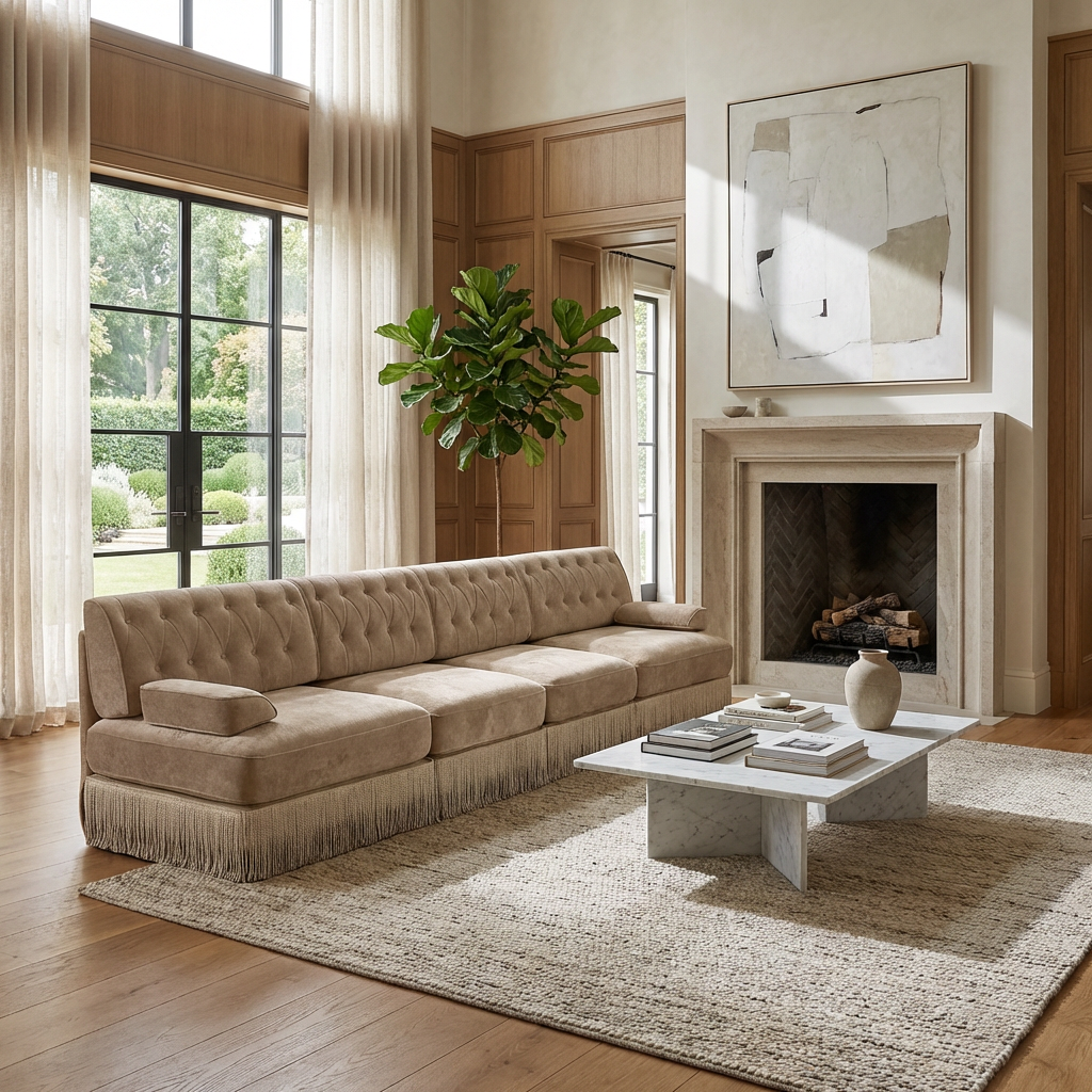 Austin 136" Tufted Velvet 4-Seater Modular Sofa with Fringe Skirt Base