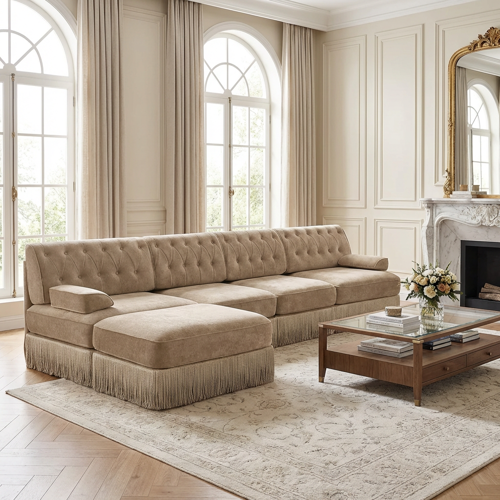 Austin 136" Tufted Velvet 4-Seater Modular Sectional Sofa with Ottoman
