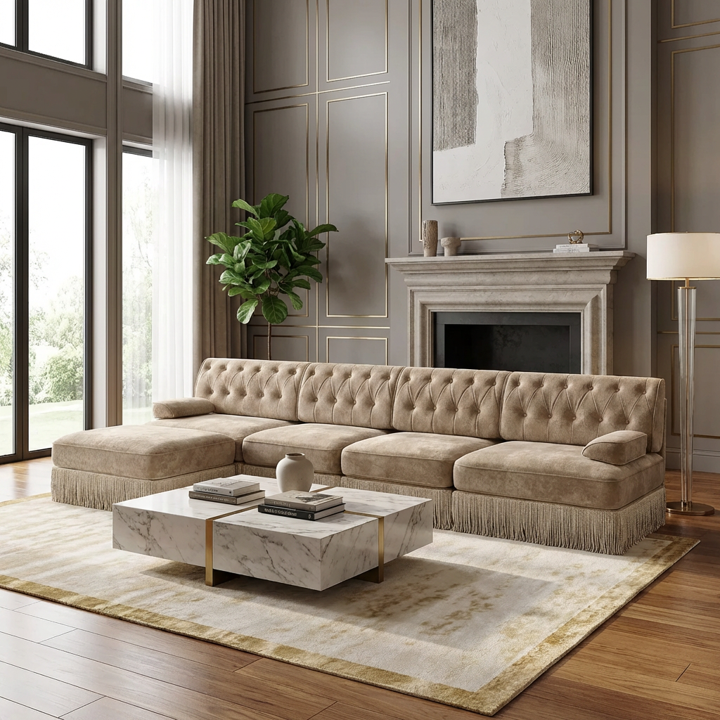 Austin 136" Tufted Velvet 4-Seater Modular Sectional Sofa with Ottoman