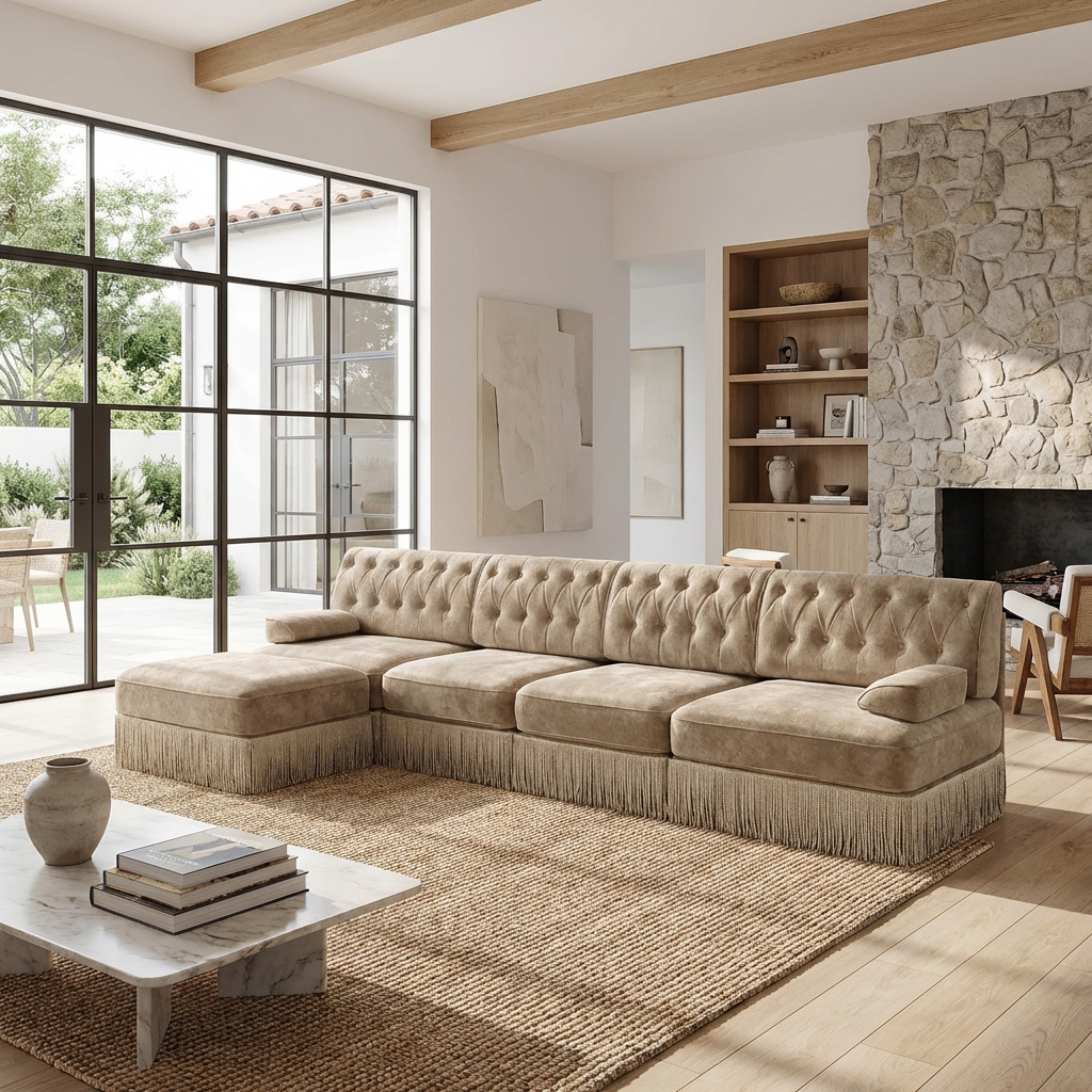 Austin 136" Tufted Velvet 4-Seater Modular Sectional Sofa with Ottoman