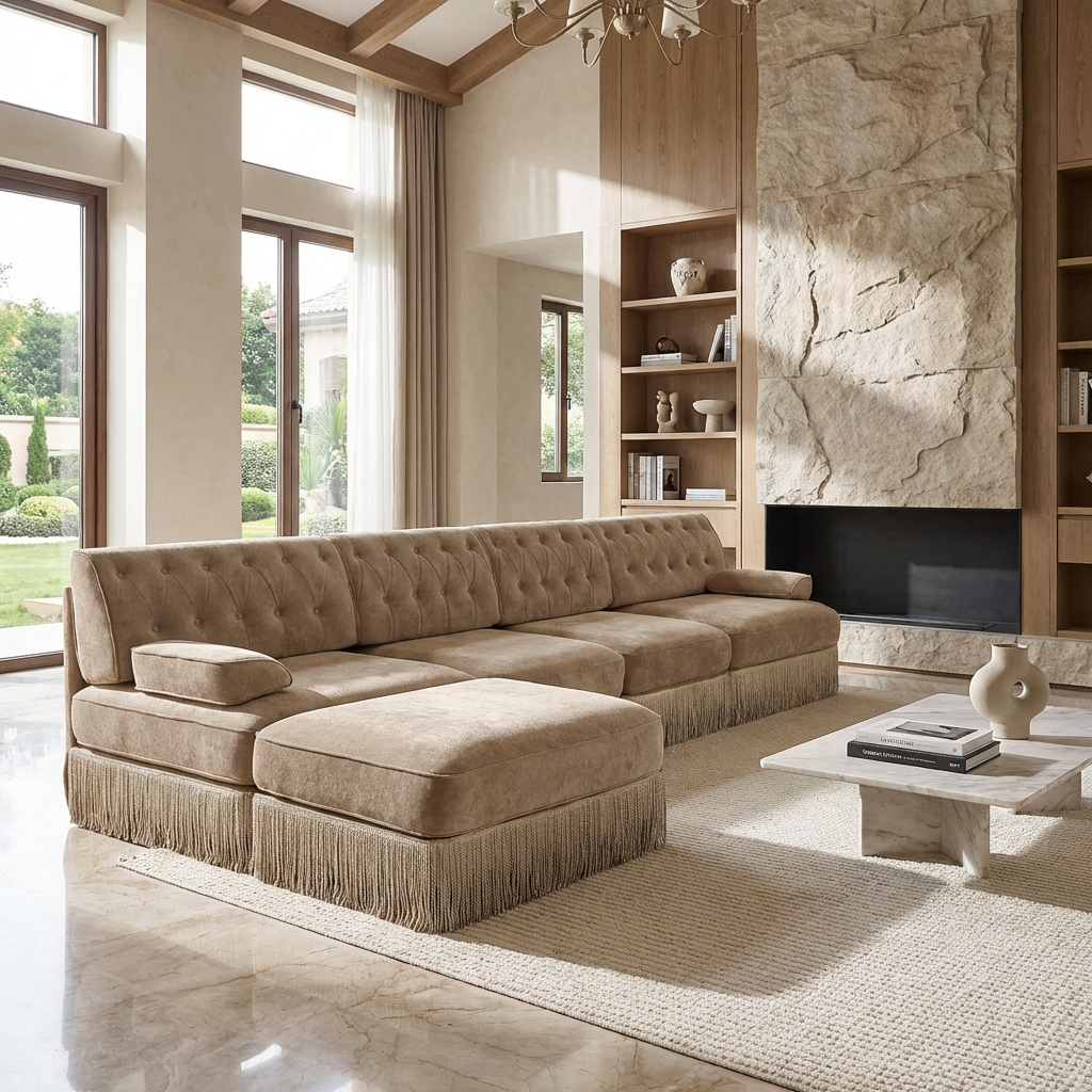 Austin 136" Tufted Velvet 4-Seater Modular Sectional Sofa with Ottoman