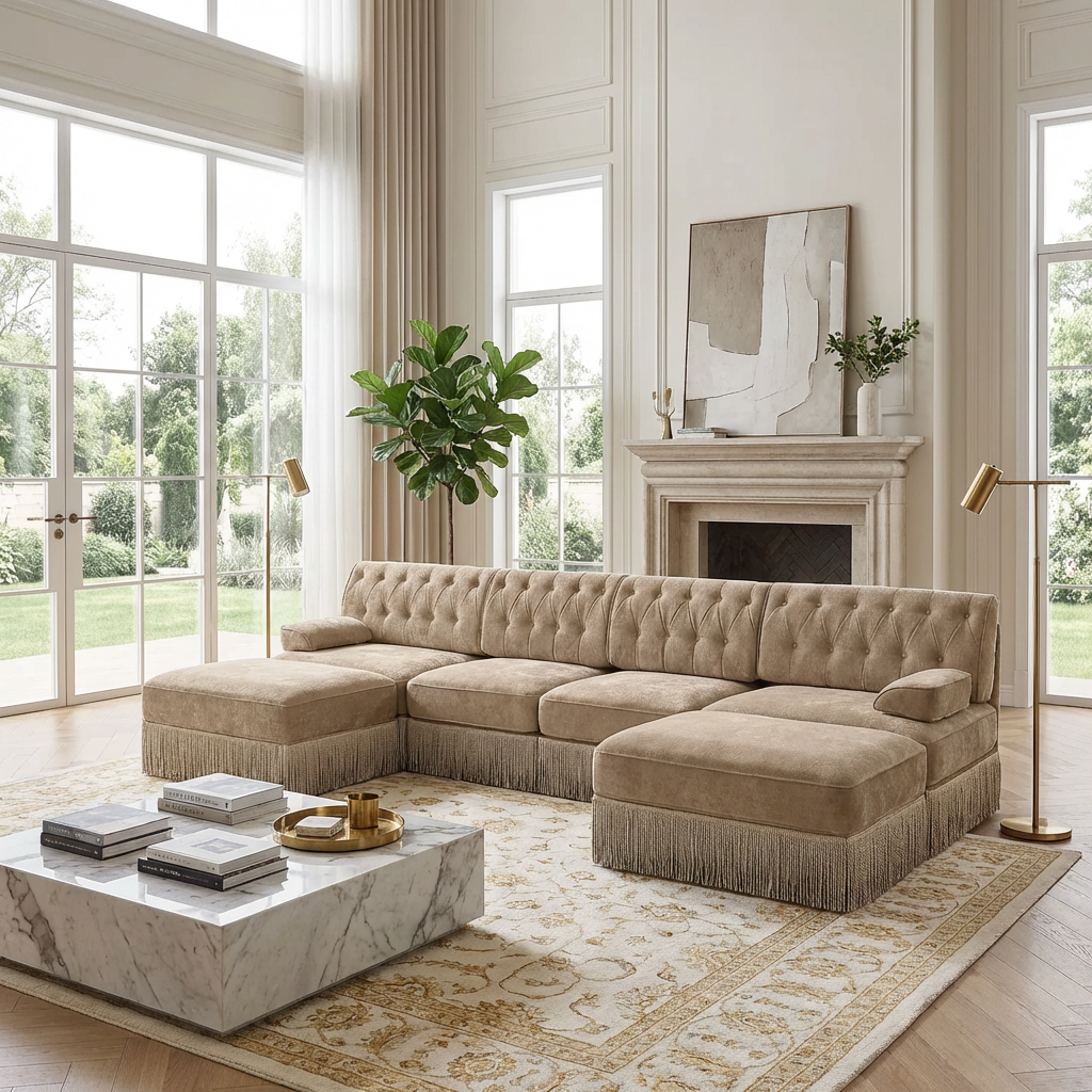 Austin 136" Tufted Velvet 4-Seater Modular U-Shaped Sectional Sofa with 2 Ottomans