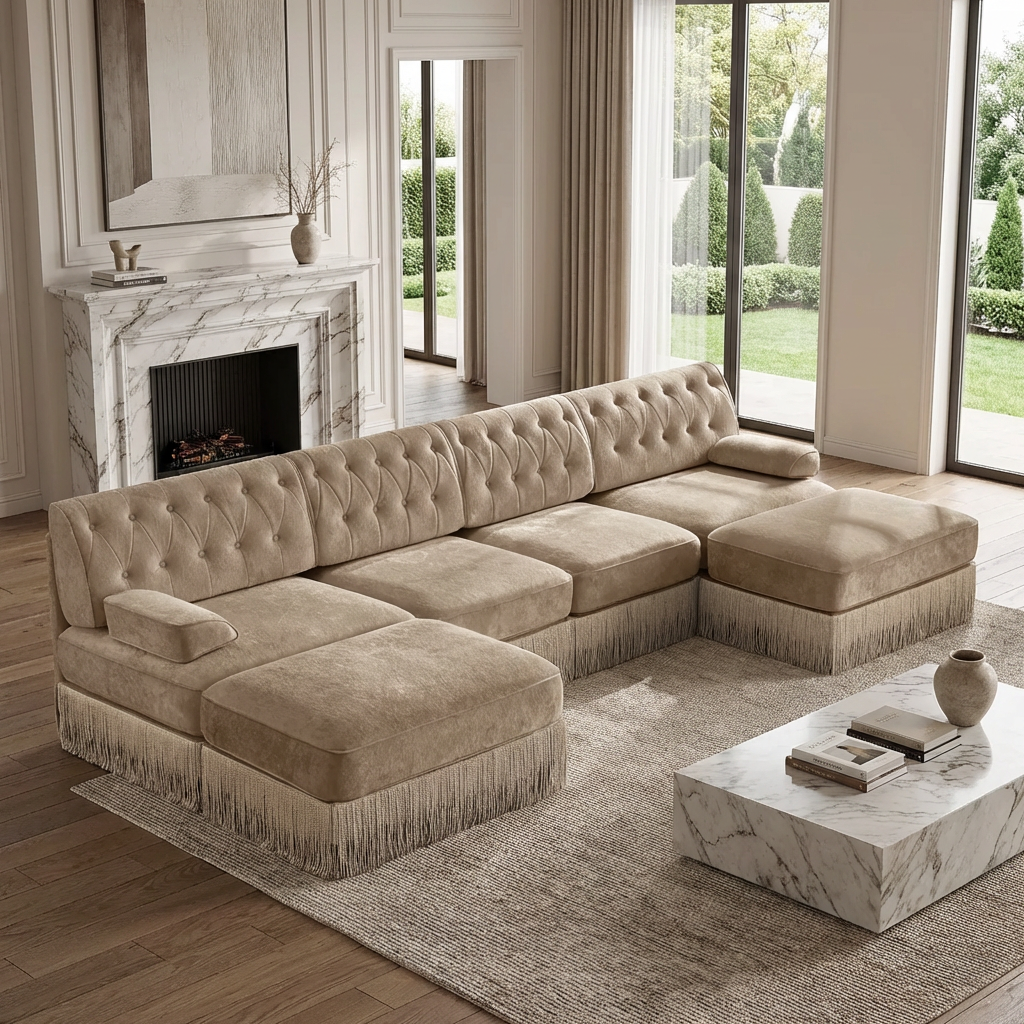 Austin 136" Tufted Velvet 4-Seater Modular U-Shaped Sectional Sofa with 2 Ottomans