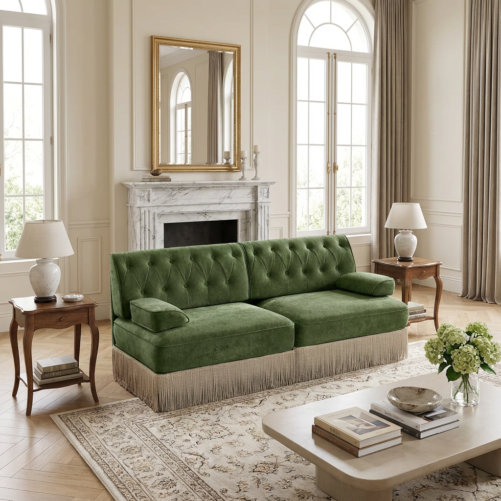 Austin 77" Tufted Velvet 2-Seater Loveseat Sofa with Fringe Skirt Base