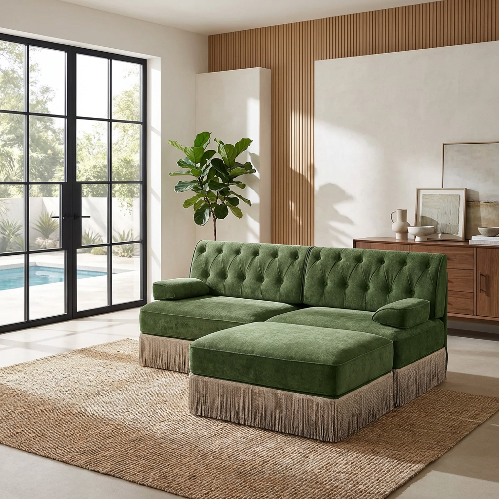 Austin 77" Tufted Velvet Modular L-Shaped Sectional Sofa with Ottoman