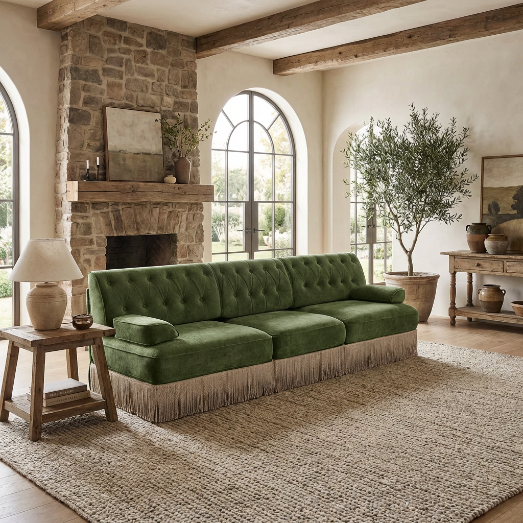 Austin Modern Velvet 3-Seater Sofa with Fringe Skirt Base