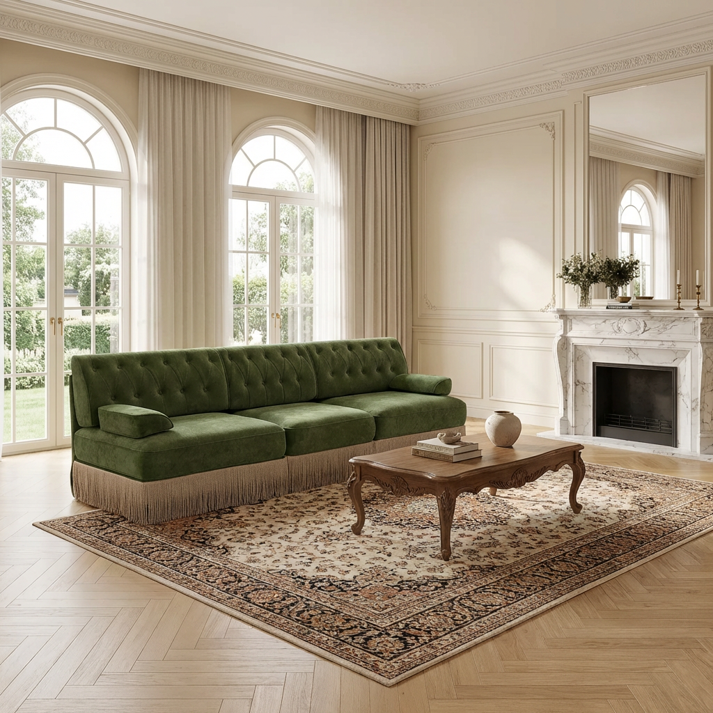 Austin Modern Velvet 3-Seater Sofa with Fringe Skirt Base